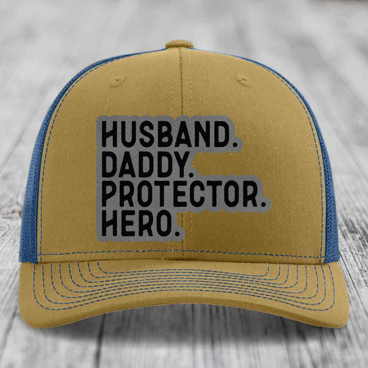 Husband Daddy Protector Hero - Leather Patch Hat - Grey to Black Patch - Richardson 112 Snapback Trucker Hat