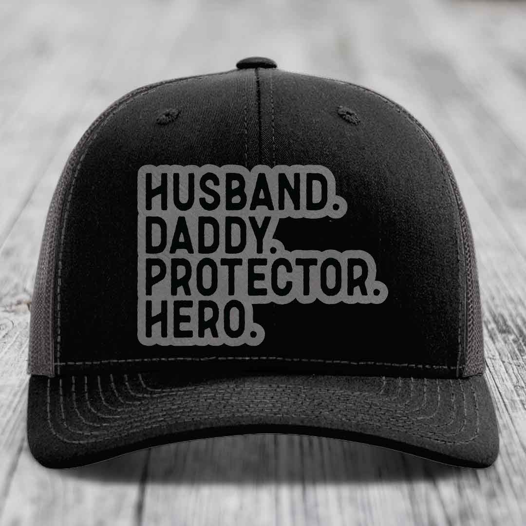 Husband Daddy Protector Hero - Leather Patch Hat - Grey to Black Patch - Richardson 112 Snapback Trucker Hat