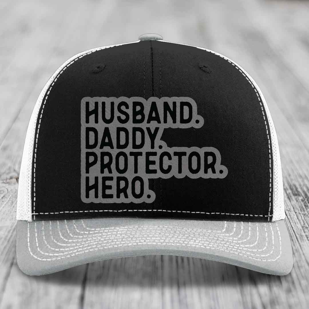 Husband Daddy Protector Hero - Leather Patch Hat - Grey to Black Patch - Richardson 112 Snapback Trucker Hat