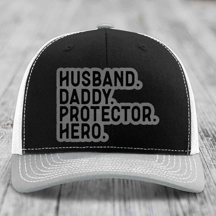 Husband Daddy Protector Hero - Leather Patch Hat - Grey to Black Patch - Richardson 112 Snapback Trucker Hat