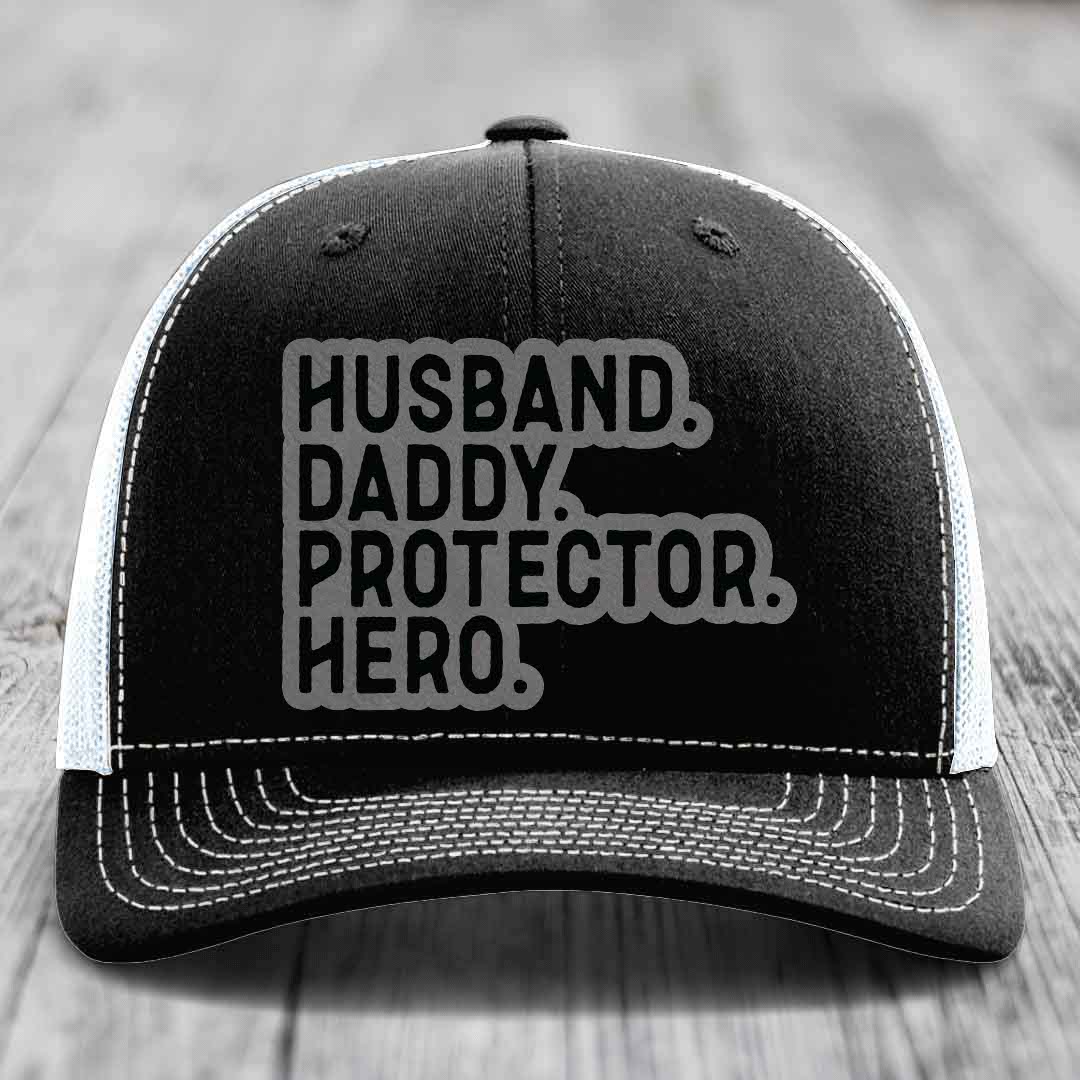 Husband Daddy Protector Hero - Leather Patch Hat - Grey to Black Patch - Richardson 112 Snapback Trucker Hat