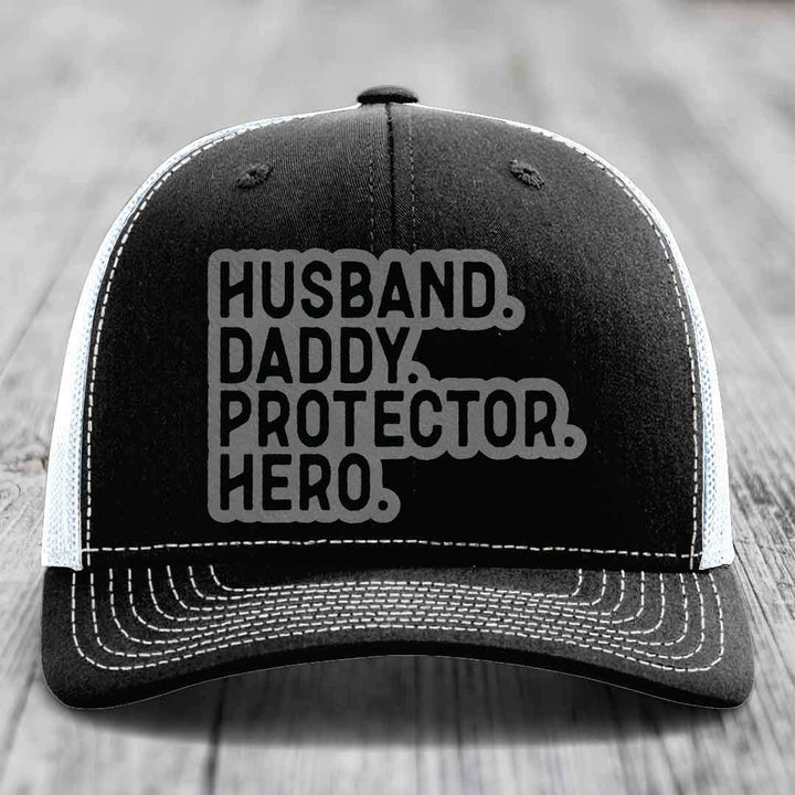 Husband Daddy Protector Hero - Leather Patch Hat - Grey to Black Patch - Richardson 112 Snapback Trucker Hat