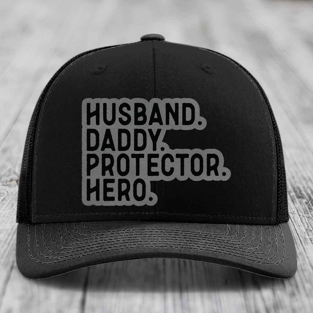 Husband Daddy Protector Hero - Leather Patch Hat - Grey to Black Patch - Richardson 112 Snapback Trucker Hat
