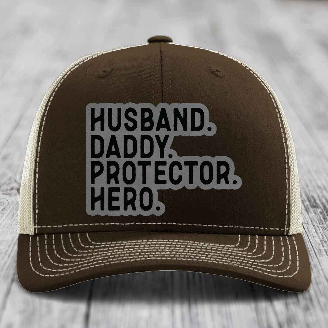 Husband Daddy Protector Hero - Leather Patch Hat - Grey to Black Patch - Richardson 112 Snapback Trucker Hat