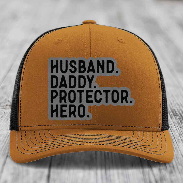 Husband Daddy Protector Hero - Leather Patch Hat - Grey to Black Patch - Richardson 112 Snapback Trucker Hat