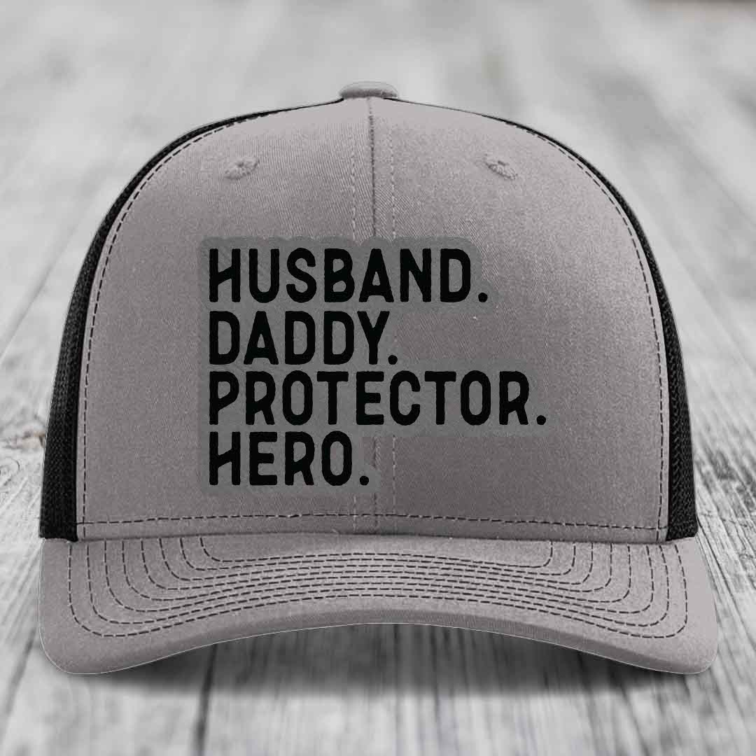Husband Daddy Protector Hero - Leather Patch Hat - Grey to Black Patch - Richardson 112 Snapback Trucker Hat