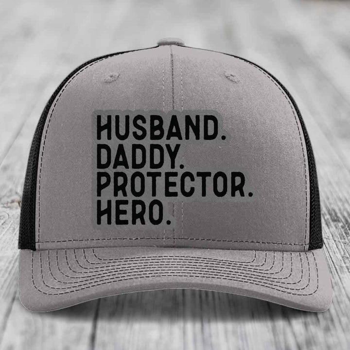 Husband Daddy Protector Hero - Leather Patch Hat - Grey to Black Patch - Richardson 112 Snapback Trucker Hat