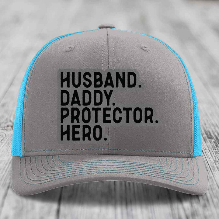 Husband Daddy Protector Hero - Leather Patch Hat - Grey to Black Patch - Richardson 112 Snapback Trucker Hat