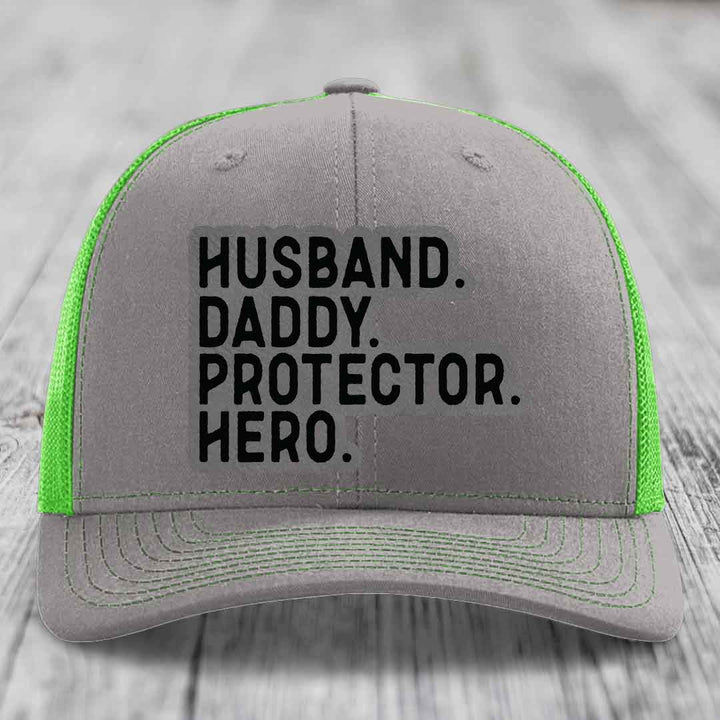 Husband Daddy Protector Hero - Leather Patch Hat - Grey to Black Patch - Richardson 112 Snapback Trucker Hat