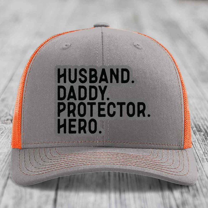 Husband Daddy Protector Hero - Leather Patch Hat - Grey to Black Patch - Richardson 112 Snapback Trucker Hat
