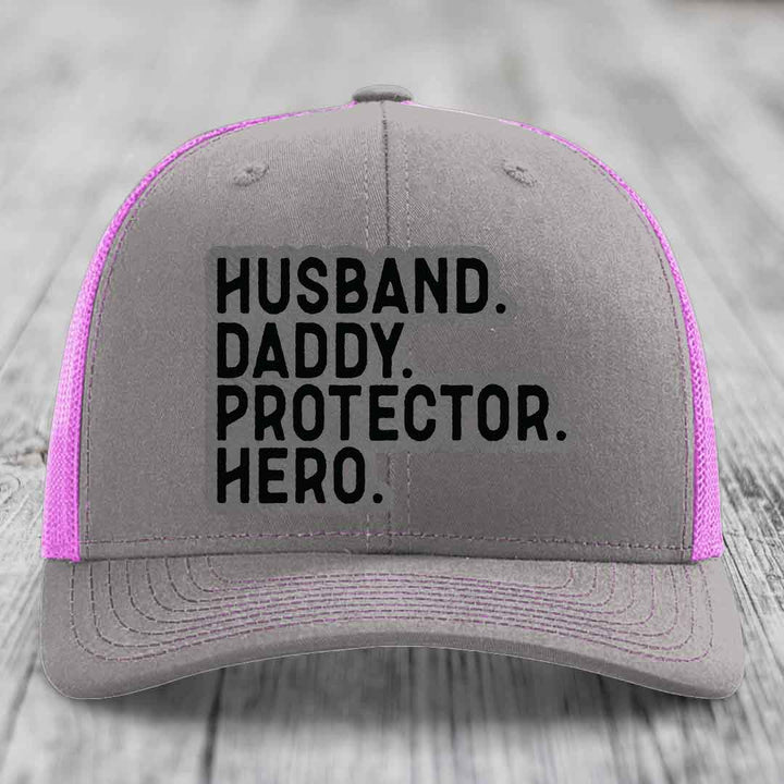 Husband Daddy Protector Hero - Leather Patch Hat - Grey to Black Patch - Richardson 112 Snapback Trucker Hat