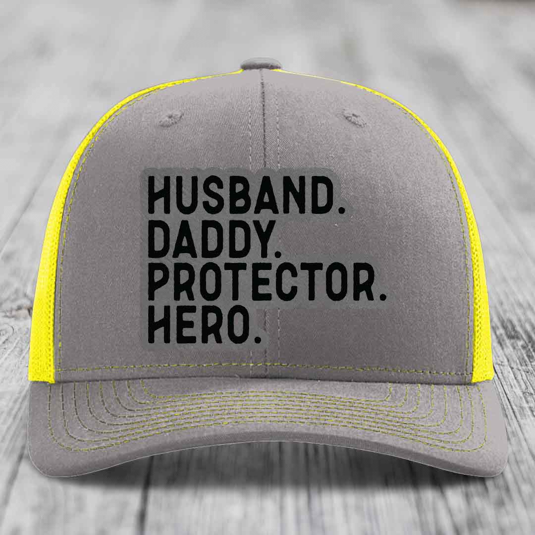 Husband Daddy Protector Hero - Leather Patch Hat - Grey to Black Patch - Richardson 112 Snapback Trucker Hat