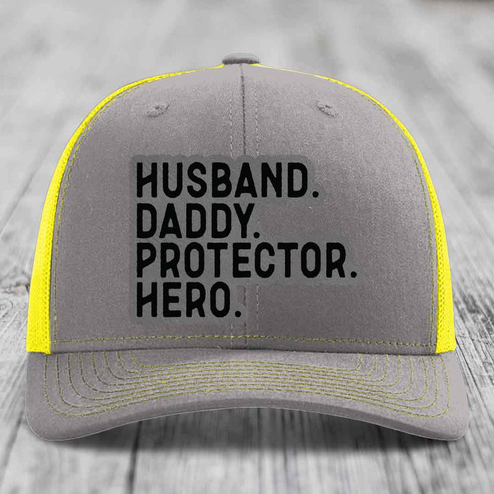 Husband Daddy Protector Hero - Leather Patch Hat - Grey to Black Patch - Richardson 112 Snapback Trucker Hat