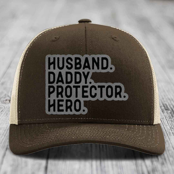 Husband Daddy Protector Hero - Leather Patch Hat - Grey to Black Patch - Richardson 112 Snapback Trucker Hat