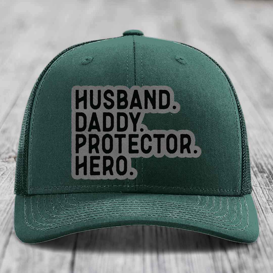 Husband Daddy Protector Hero - Leather Patch Hat - Grey to Black Patch - Richardson 112 Snapback Trucker Hat