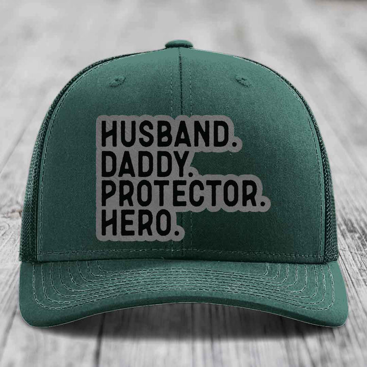 Husband Daddy Protector Hero - Leather Patch Hat - Grey to Black Patch - Richardson 112 Snapback Trucker Hat