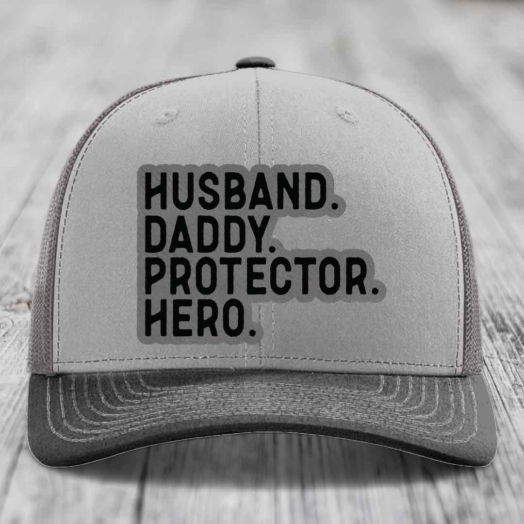 Husband Daddy Protector Hero - Leather Patch Hat - Grey to Black Patch - Richardson 112 Snapback Trucker Hat