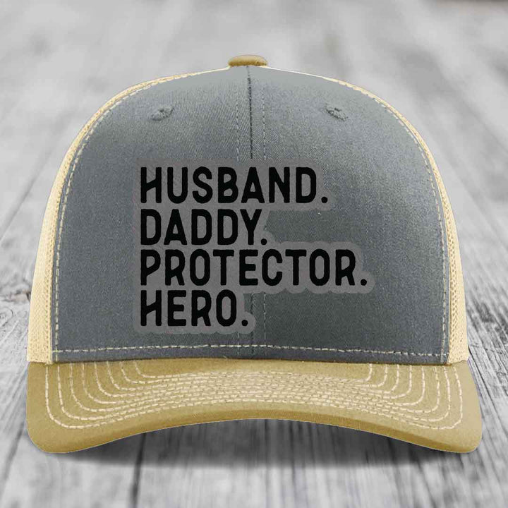 Husband Daddy Protector Hero - Leather Patch Hat - Grey to Black Patch - Richardson 112 Snapback Trucker Hat
