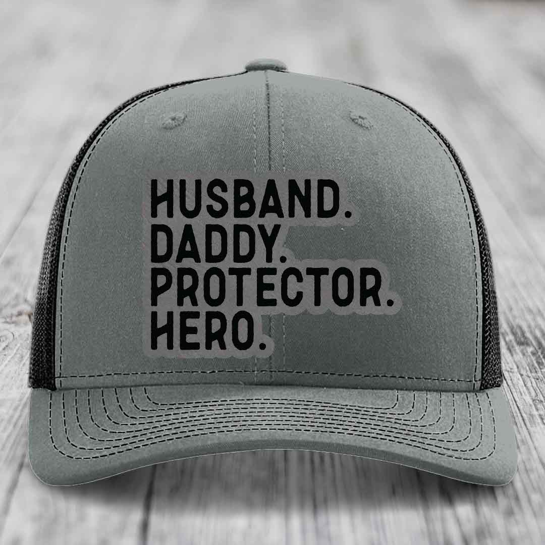 Husband Daddy Protector Hero - Leather Patch Hat - Grey to Black Patch - Richardson 112 Snapback Trucker Hat