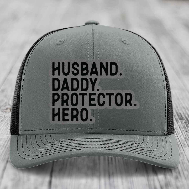 Husband Daddy Protector Hero - Leather Patch Hat - Grey to Black Patch - Richardson 112 Snapback Trucker Hat