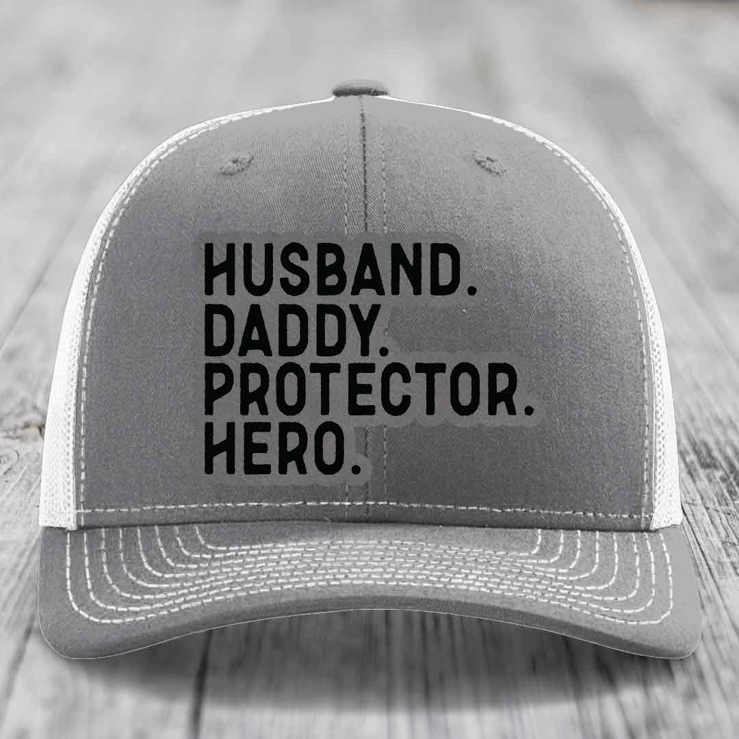 Husband Daddy Protector Hero - Leather Patch Hat - Grey to Black Patch - Richardson 112 Snapback Trucker Hat