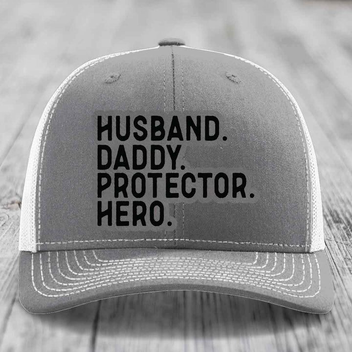 Husband Daddy Protector Hero - Leather Patch Hat - Grey to Black Patch - Richardson 112 Snapback Trucker Hat