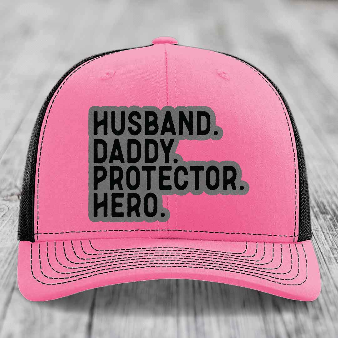Husband Daddy Protector Hero - Leather Patch Hat - Grey to Black Patch - Richardson 112 Snapback Trucker Hat