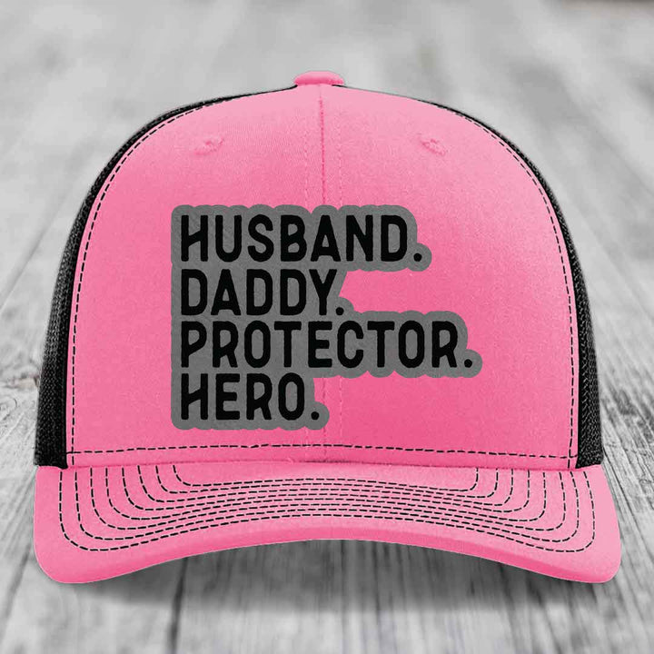 Husband Daddy Protector Hero - Leather Patch Hat - Grey to Black Patch - Richardson 112 Snapback Trucker Hat