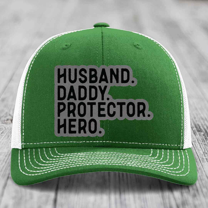 Husband Daddy Protector Hero - Leather Patch Hat - Grey to Black Patch - Richardson 112 Snapback Trucker Hat
