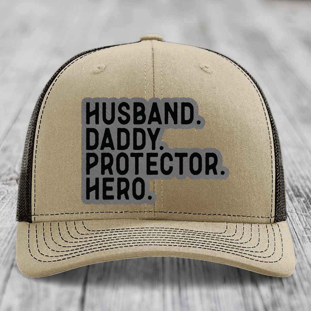 Husband Daddy Protector Hero - Leather Patch Hat - Grey to Black Patch - Richardson 112 Snapback Trucker Hat