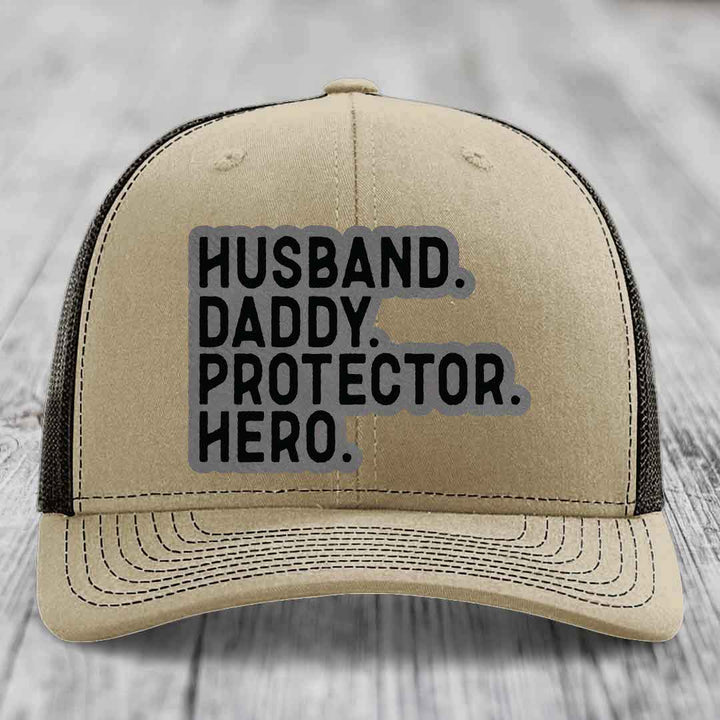 Husband Daddy Protector Hero - Leather Patch Hat - Grey to Black Patch - Richardson 112 Snapback Trucker Hat