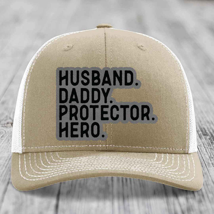 Husband Daddy Protector Hero - Leather Patch Hat - Grey to Black Patch - Richardson 112 Snapback Trucker Hat