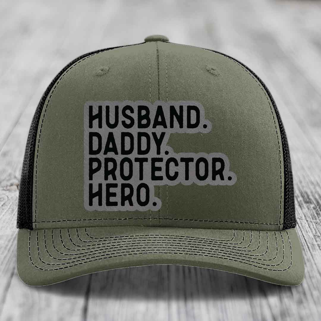 Husband Daddy Protector Hero - Leather Patch Hat - Grey to Black Patch - Richardson 112 Snapback Trucker Hat