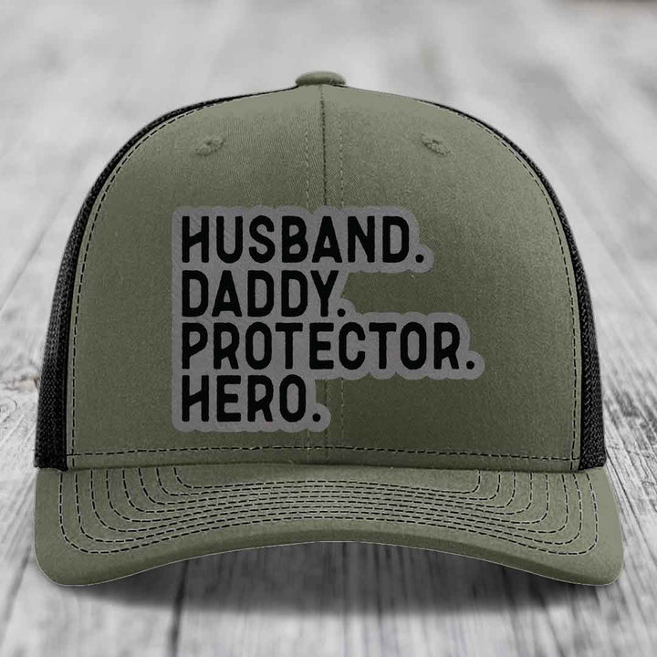 Husband Daddy Protector Hero - Leather Patch Hat - Grey to Black Patch - Richardson 112 Snapback Trucker Hat