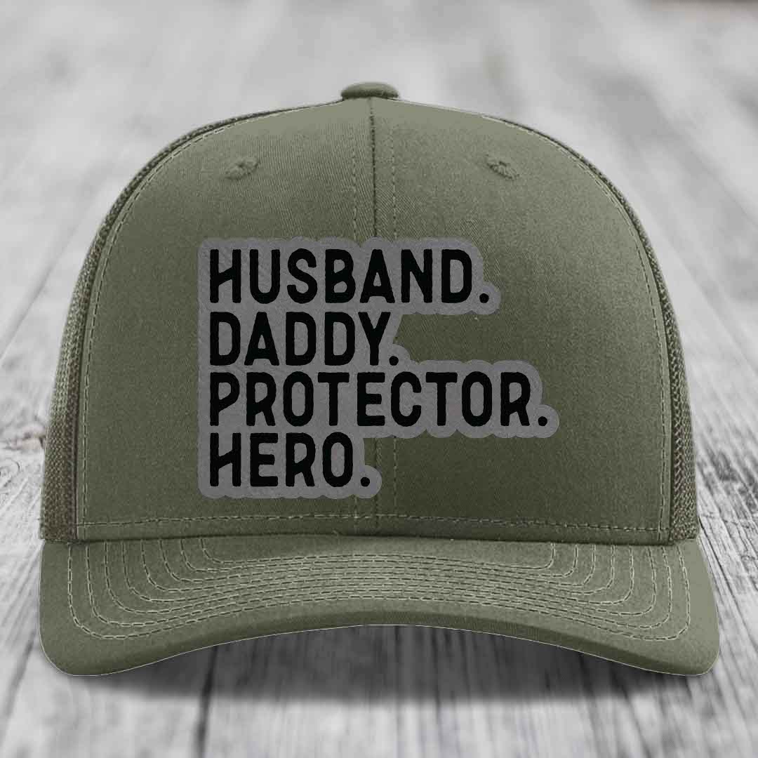 Husband Daddy Protector Hero - Leather Patch Hat - Grey to Black Patch - Richardson 112 Snapback Trucker Hat