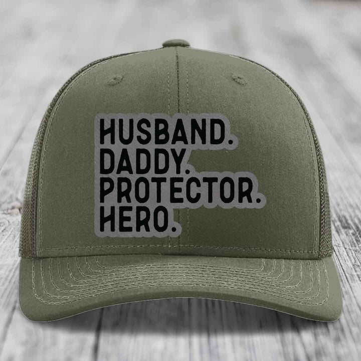Husband Daddy Protector Hero - Leather Patch Hat - Grey to Black Patch - Richardson 112 Snapback Trucker Hat