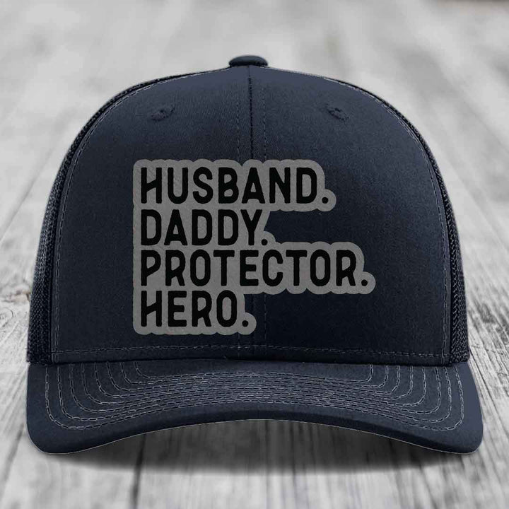 Husband Daddy Protector Hero - Leather Patch Hat - Grey to Black Patch - Richardson 112 Snapback Trucker Hat