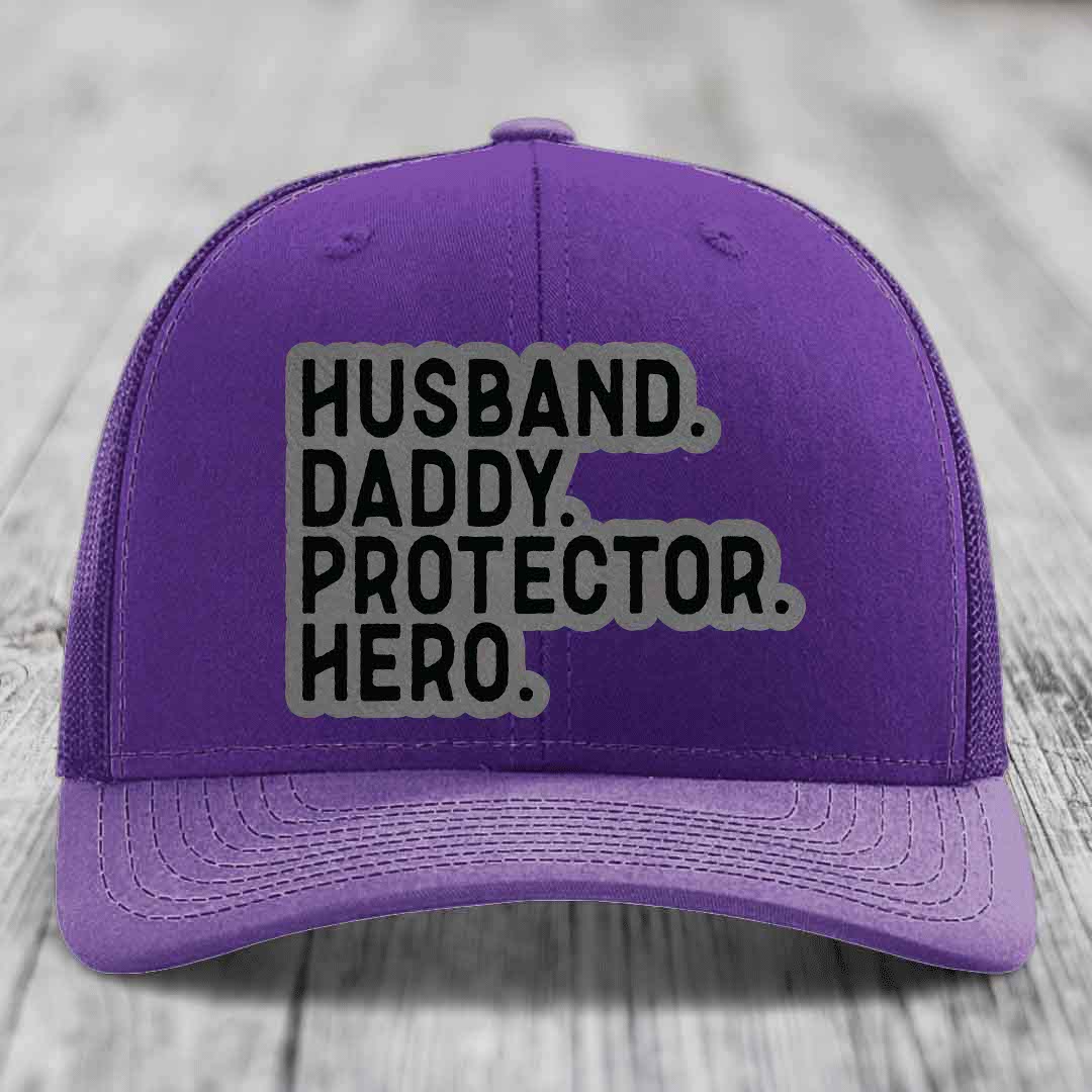 Husband Daddy Protector Hero - Leather Patch Hat - Grey to Black Patch - Richardson 112 Snapback Trucker Hat