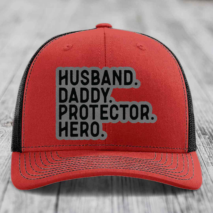 Husband Daddy Protector Hero - Leather Patch Hat - Grey to Black Patch - Richardson 112 Snapback Trucker Hat