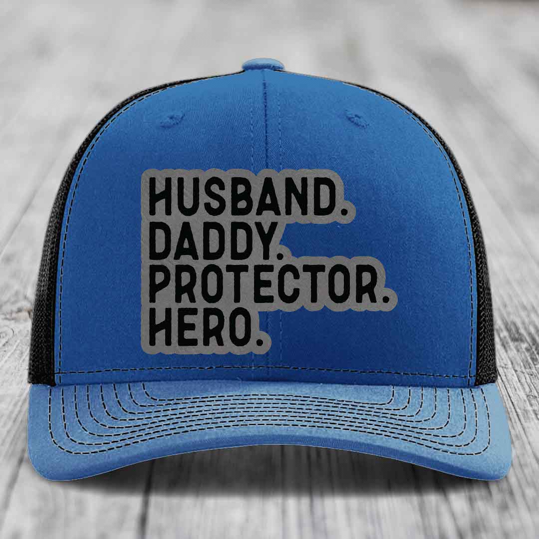 Husband Daddy Protector Hero - Leather Patch Hat - Grey to Black Patch - Richardson 112 Snapback Trucker Hat