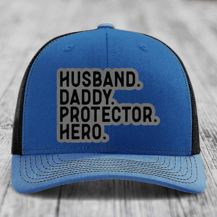 Husband Daddy Protector Hero - Leather Patch Hat - Grey to Black Patch - Richardson 112 Snapback Trucker Hat