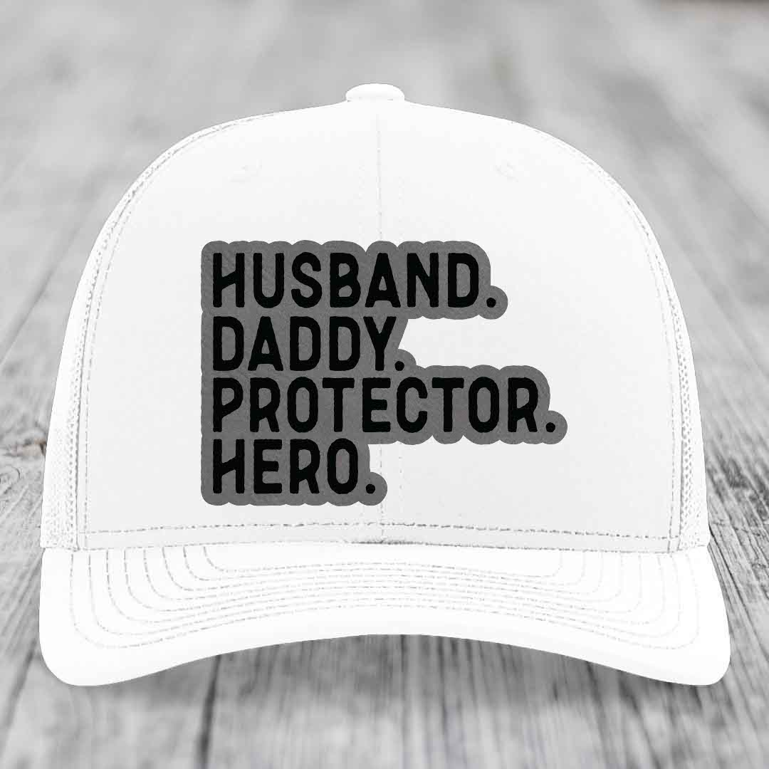 Husband Daddy Protector Hero - Leather Patch Hat - Grey to Black Patch - Richardson 112 Snapback Trucker Hat