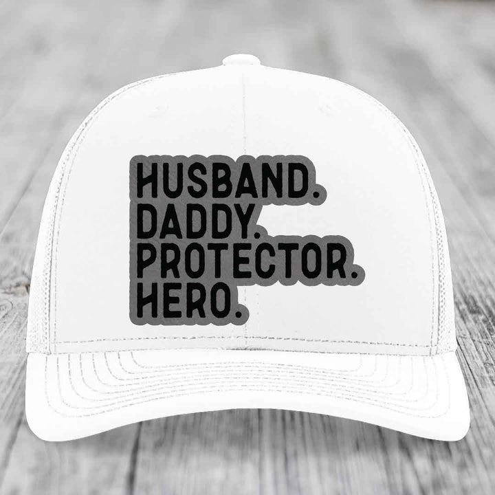 Husband Daddy Protector Hero - Leather Patch Hat - Grey to Black Patch - Richardson 112 Snapback Trucker Hat