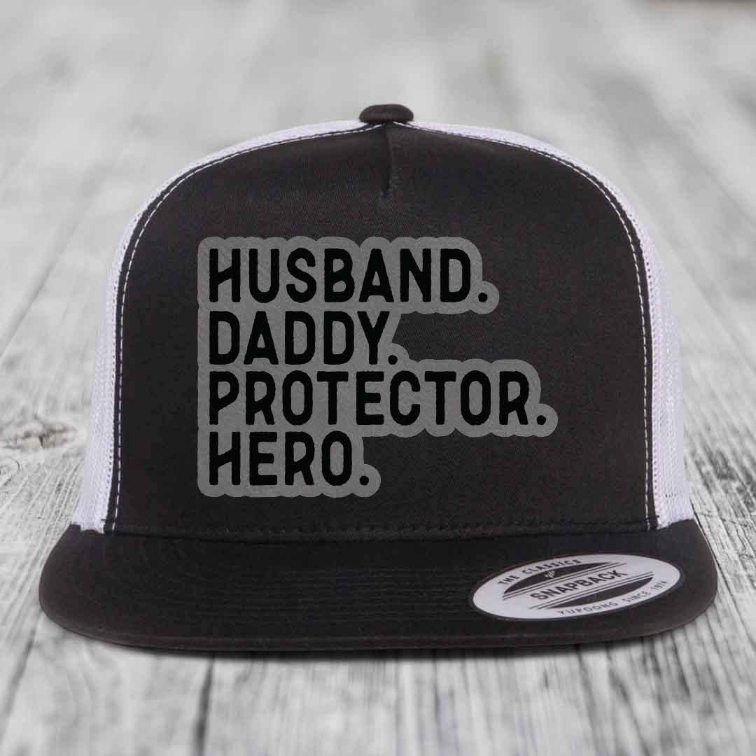 Husband Daddy Protector Hero - Leather Patch Hat - Grey to Black Patch - Yupoong 6006 Snapback Flatbill Hat