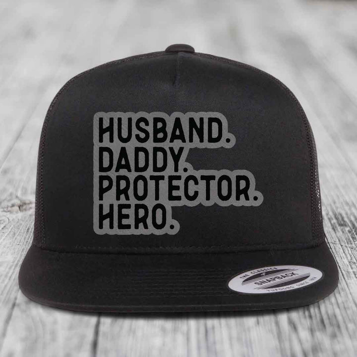 Husband Daddy Protector Hero - Leather Patch Hat - Grey to Black Patch - Yupoong 6006 Snapback Flatbill Hat