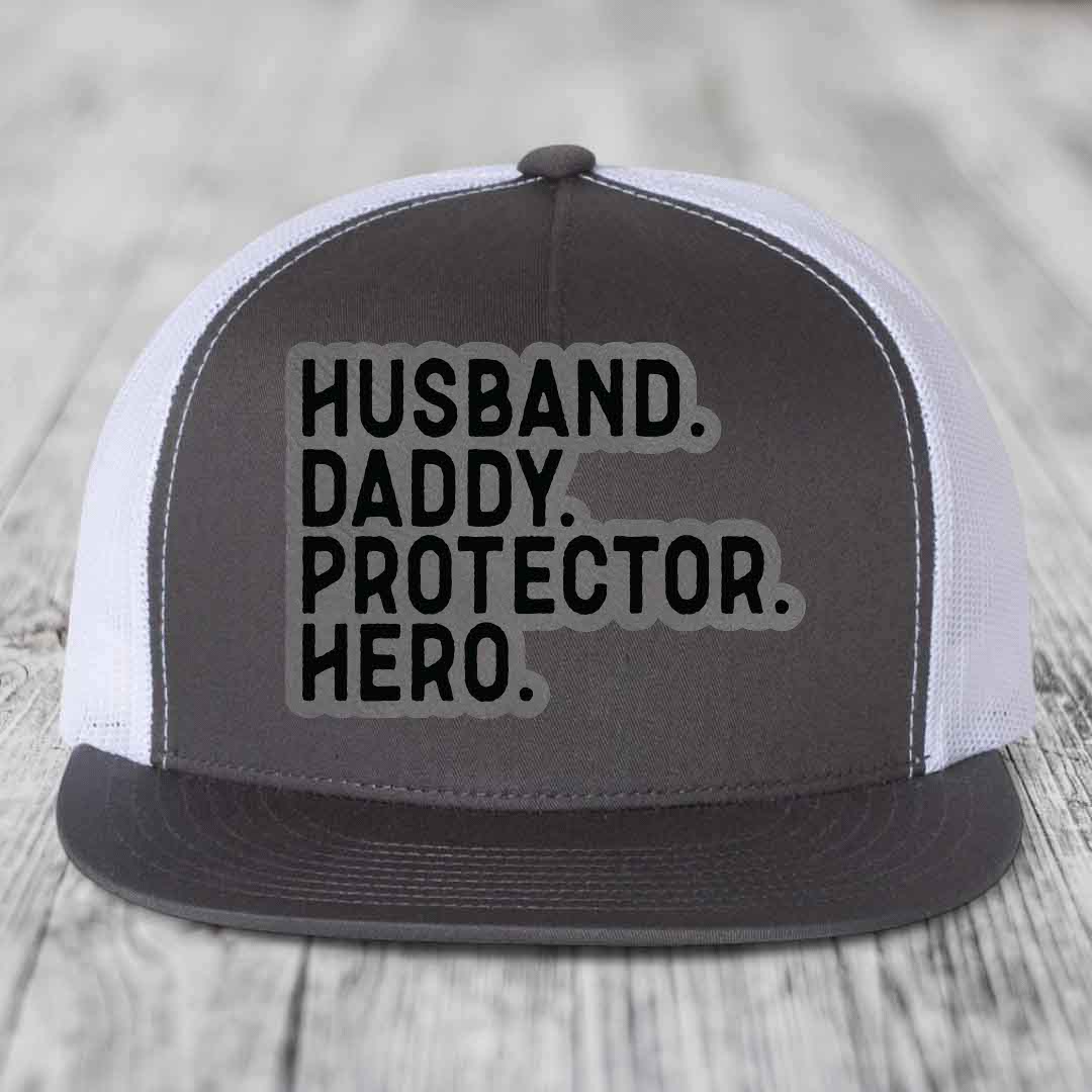 Husband Daddy Protector Hero - Leather Patch Hat - Grey to Black Patch - Yupoong 6006 Snapback Flatbill Hat