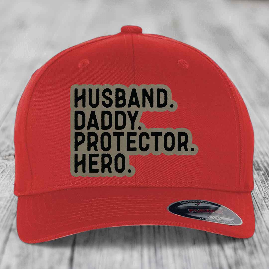 Husband Daddy Protector Hero - Leather Patch Hat - Light Brown to Black Patch - Flexfit 6277 Fitted Hat