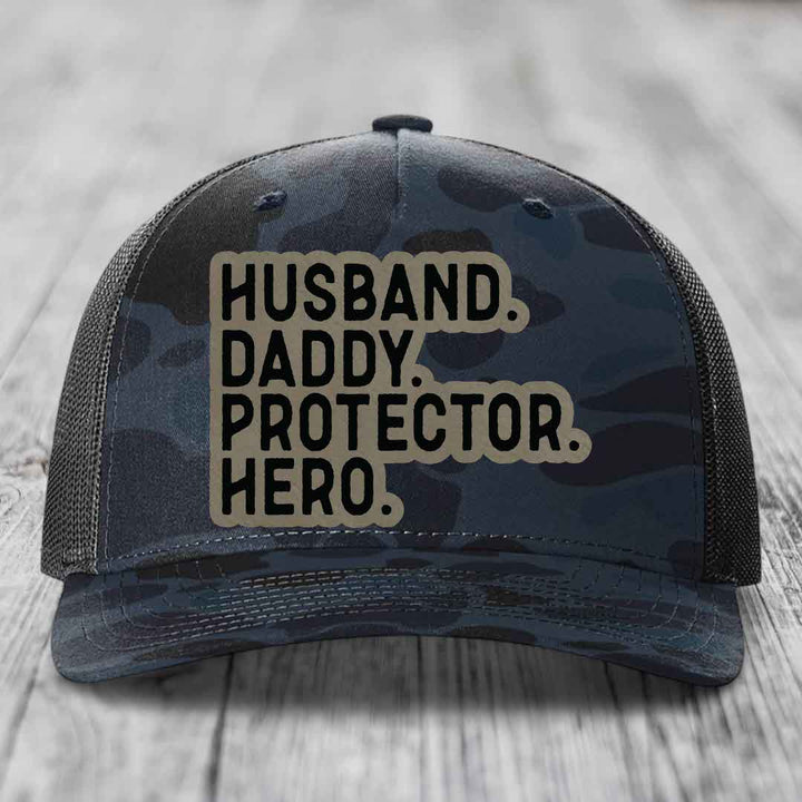 Husband Daddy Protector Hero - Leather Patch Hat - Light Brown to Black Patch - Richardson 112PFP Snapback Trucker Hat