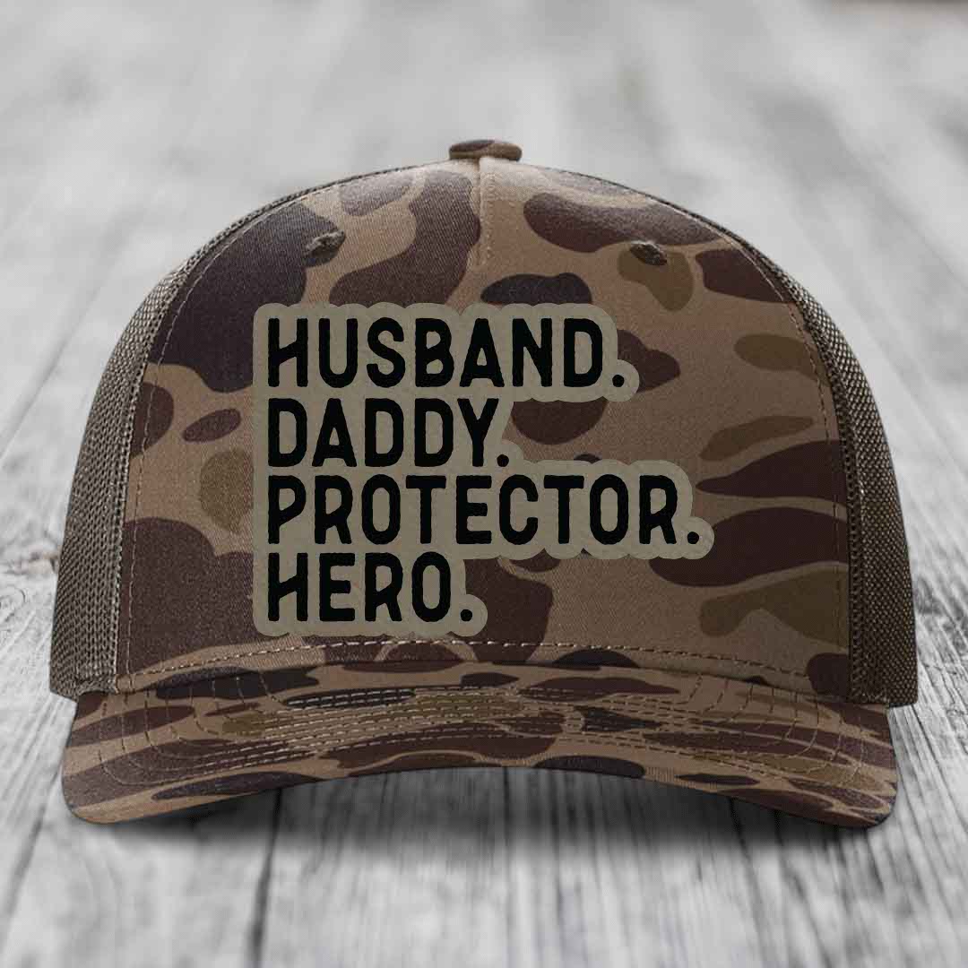 Husband Daddy Protector Hero - Leather Patch Hat - Light Brown to Black Patch - Richardson 112PFP Snapback Trucker Hat
