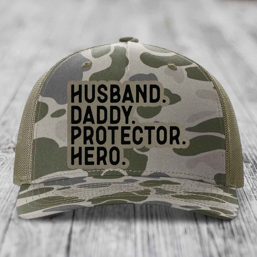 Husband Daddy Protector Hero - Leather Patch Hat - Light Brown to Black Patch - Richardson 112PFP Snapback Trucker Hat